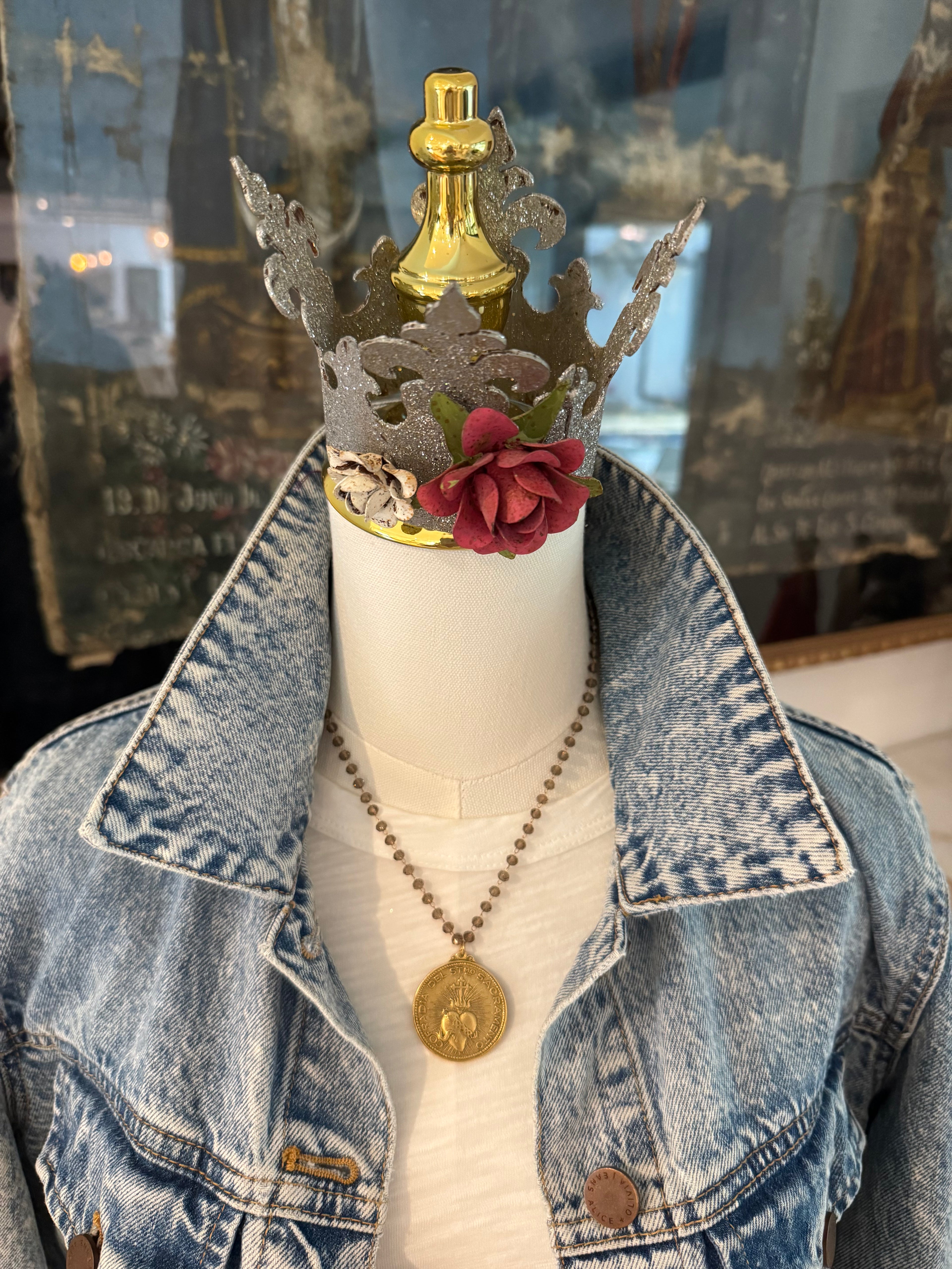 Taupe beaded Sacred Heart Necklace
