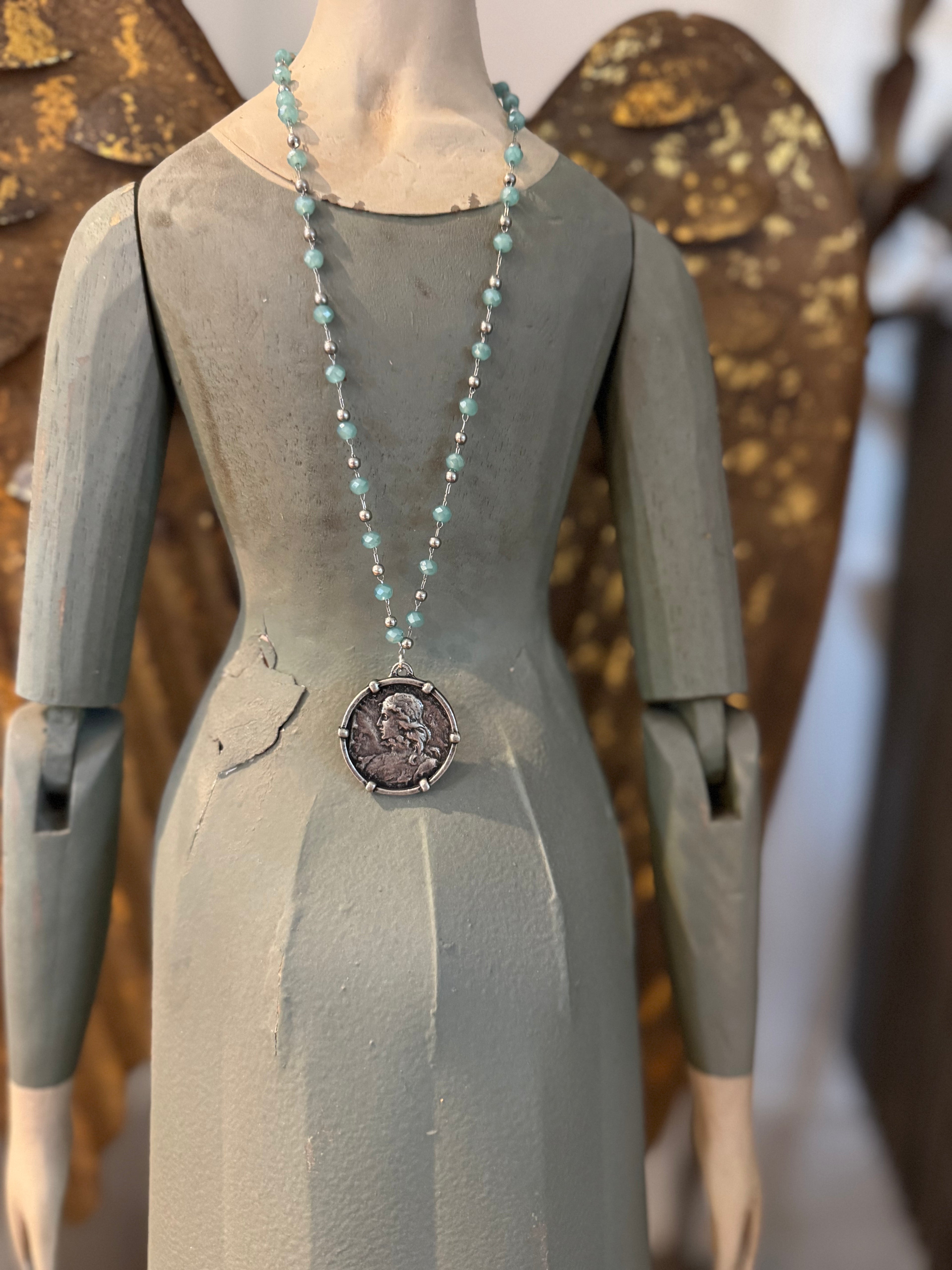 Aqua and Silver beaded Silver St. Joan of Arc
