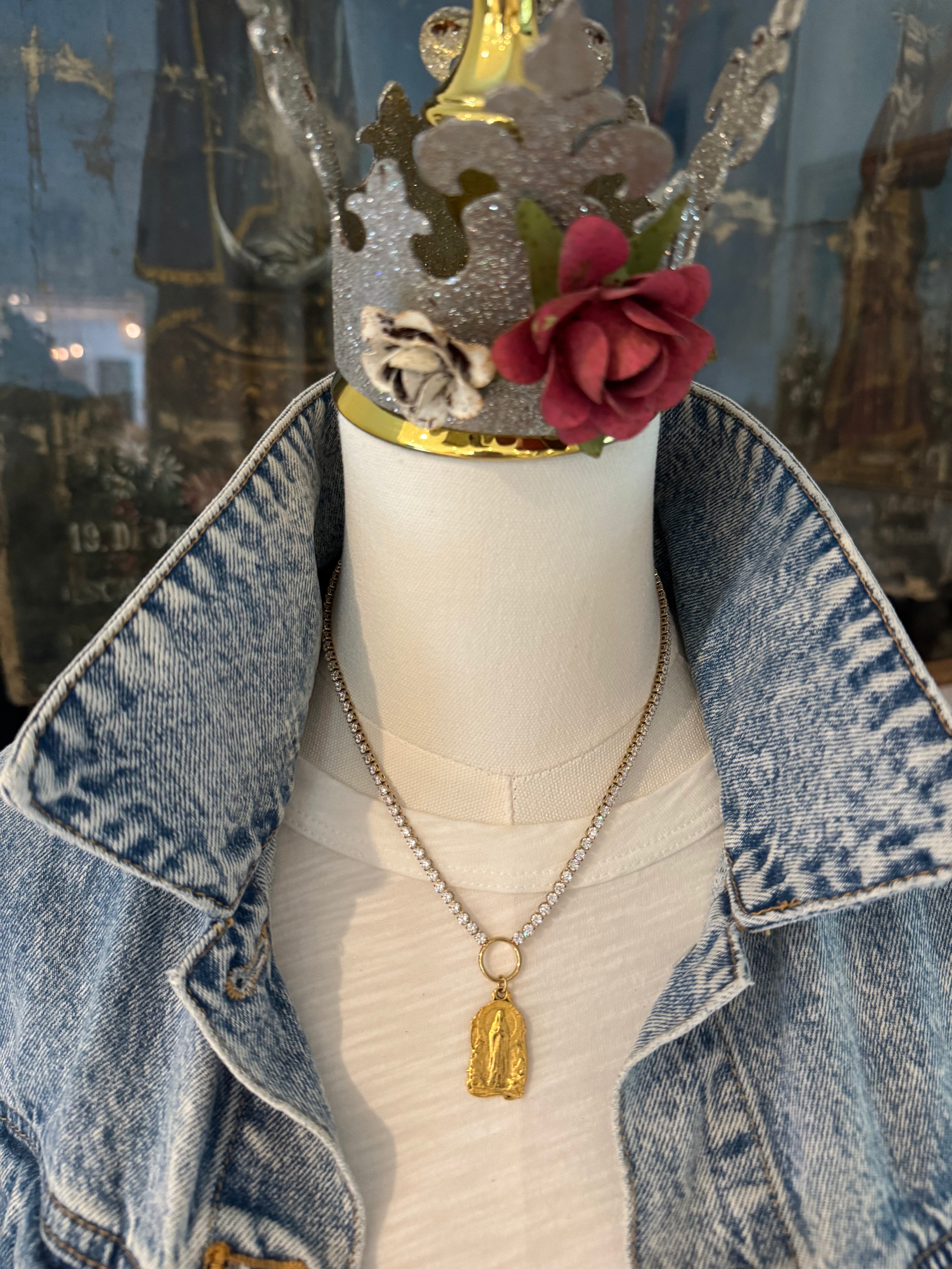 CZ Tennis Necklace W/ Our Lady of Lourdes